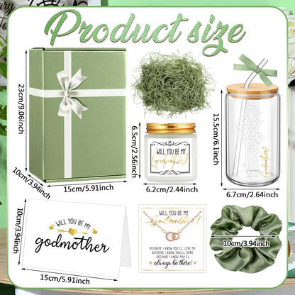 6 Pcs Godmother Proposal Gift Set, Will You Be My Godmother Gift Box, 16oz Glass Cup, Necklace & Scented Candle from Godchild for Baptism Mother’s Day Birthday(English,Sage Green)