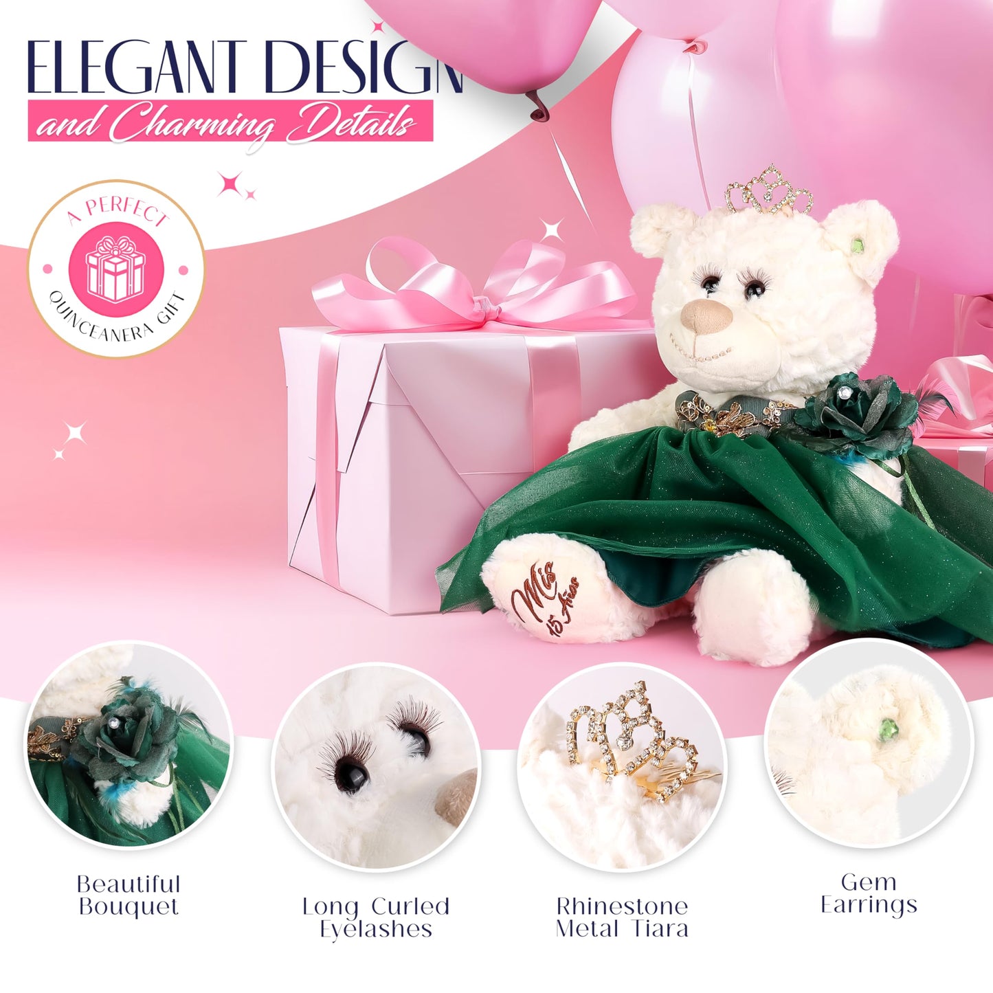 KINNEX COLLECTIONS SINCE 1997 Classic Size Quinceañera Bear with Elegant Dress – Gift-Ready Keepsake and Centerpiece Decoration for 15 Años, OSO Quinceañera Tradicional B14631-3 (Pink)