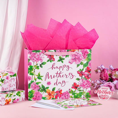LeZakaa 13" Mother's Day Bag, Pink Floral Happy Mother's Day Bag with Greeting Card Tag & Tissue Paper, Elegant Flower Design Gift Bag for Mom Wife Grandma, 13" x 10" x 5", 1 Pc