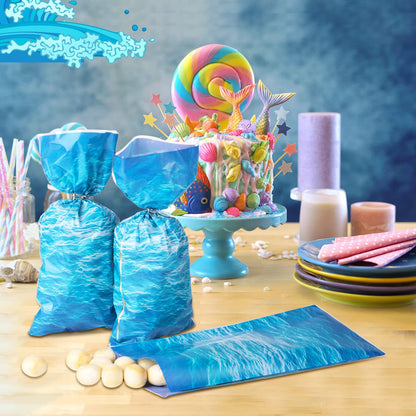 Pajean 100 Pieces Ocean Waves Cellophane Treat Bags Under the Sea Blue Ocean Party Goodie Candy Bag with 100 Twist Ties for Beach Pool Birthday Summer Mermaid Party Decoration Baby Shower Supplies