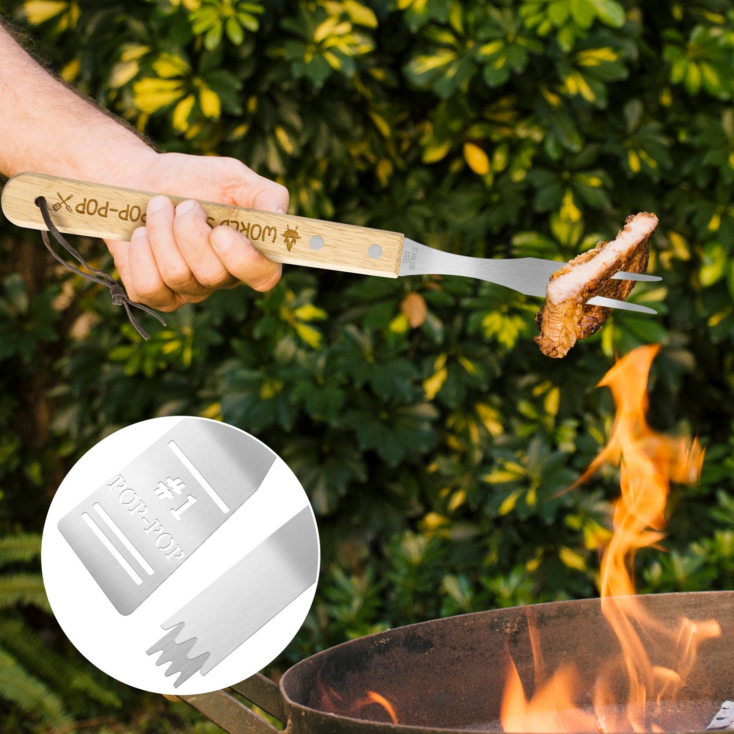Haooryx Grandpa BBQ Grill Tool Accessory Set - 3Pcs Best Pop-Pop Ever Stainless Steel Grilling Tong Fork Spatula Grillmaster Grandpa Birthday Present Outdoor Housewarming Camping Holiday Party Supply