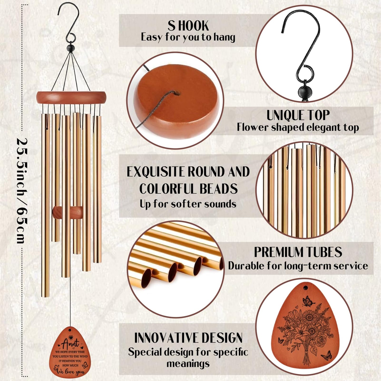 Aunt Gifts Wind Chimes - Metal Windchimes with Card Indoor Outdoor Hanging Decor for Garden Patio Yard Balcony Backyard Appreciation Christmas New Year Birthday Gift for Aunts from Niece