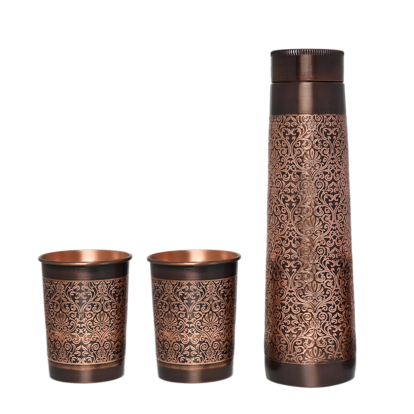Pure Copper Water Bottle with 2 Tumblers Set, Beautiful Floral Pattern Light House Shape For Ayurveda Health Benefits