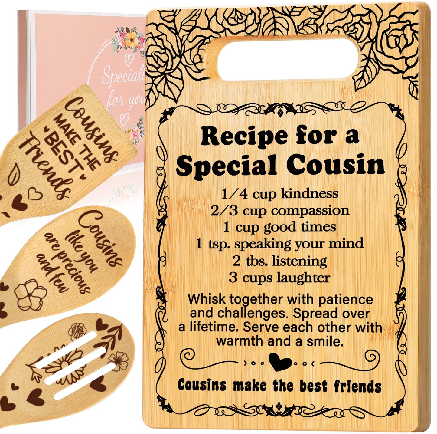 Cousin Gifts for Women, Recipe for a Special Cousin - Birthday Gift for Cousin Women Cutting Board Set, Mothers Day Birthday Gifts Wedding Gifts for Cousin from Sister Brother