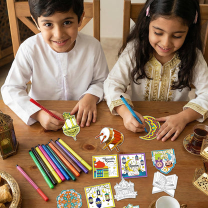 HOWAF 24 PCS Ramadan Crafts Fridge Magnet Kit, Color Your Own Eid DIY Fridge Magnet Include 24 Magnet Paint Pens Eid Mubarak Gifts for Kids Party Supplies Home School Activities