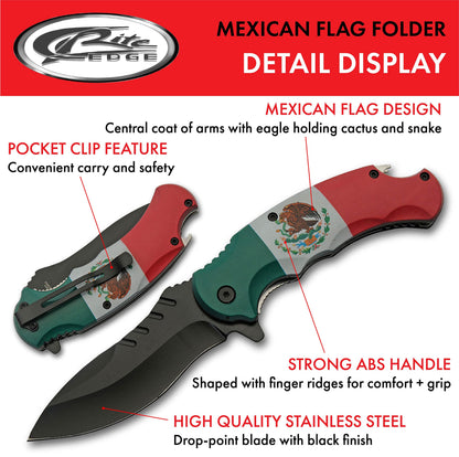 SZCO 4.75" Mexican Flag Folding Pocket Knife – Compact Everyday Carry Folding Knife with Mexican Flag Handle, 3.75" Stainless Steel Blade, Bottle Opener & Belt Clip