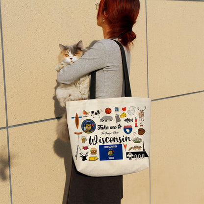 Take Me To Wisconsin Tote Bag Reusable Grocery Bags Aesthetic Shopping Shoulder Handbag with Interior Pocket Lightweight & Washable Stylish Wisconsin Travel Present for Women