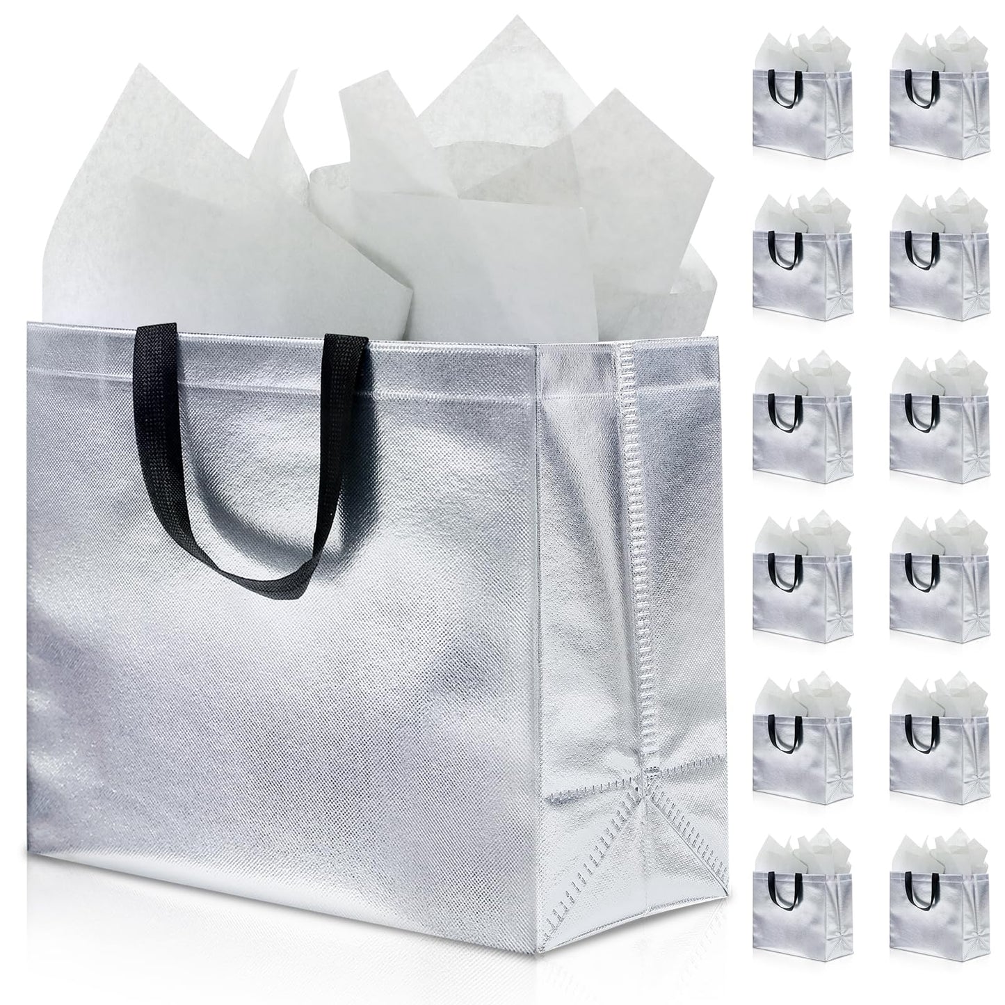 KeerxunBag 12Pcs Reusable Gift Bags（Includes Tissue Paper） Gift bag with handle Birthdays Parties Holidays Weddings Medium 13x5x11in Silver Gift Bags