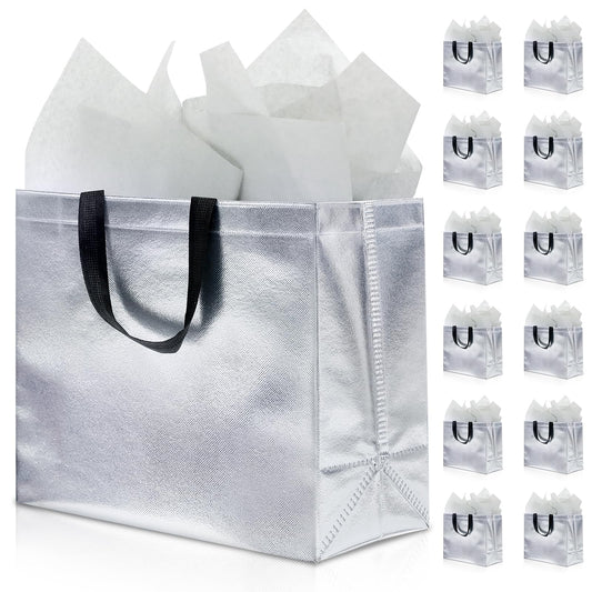 KeerxunBag 12Pcs Reusable Gift Bags（Includes Tissue Paper） Gift bag with handle Birthdays Parties Holidays Weddings Medium 13x5x11in Silver Gift Bags