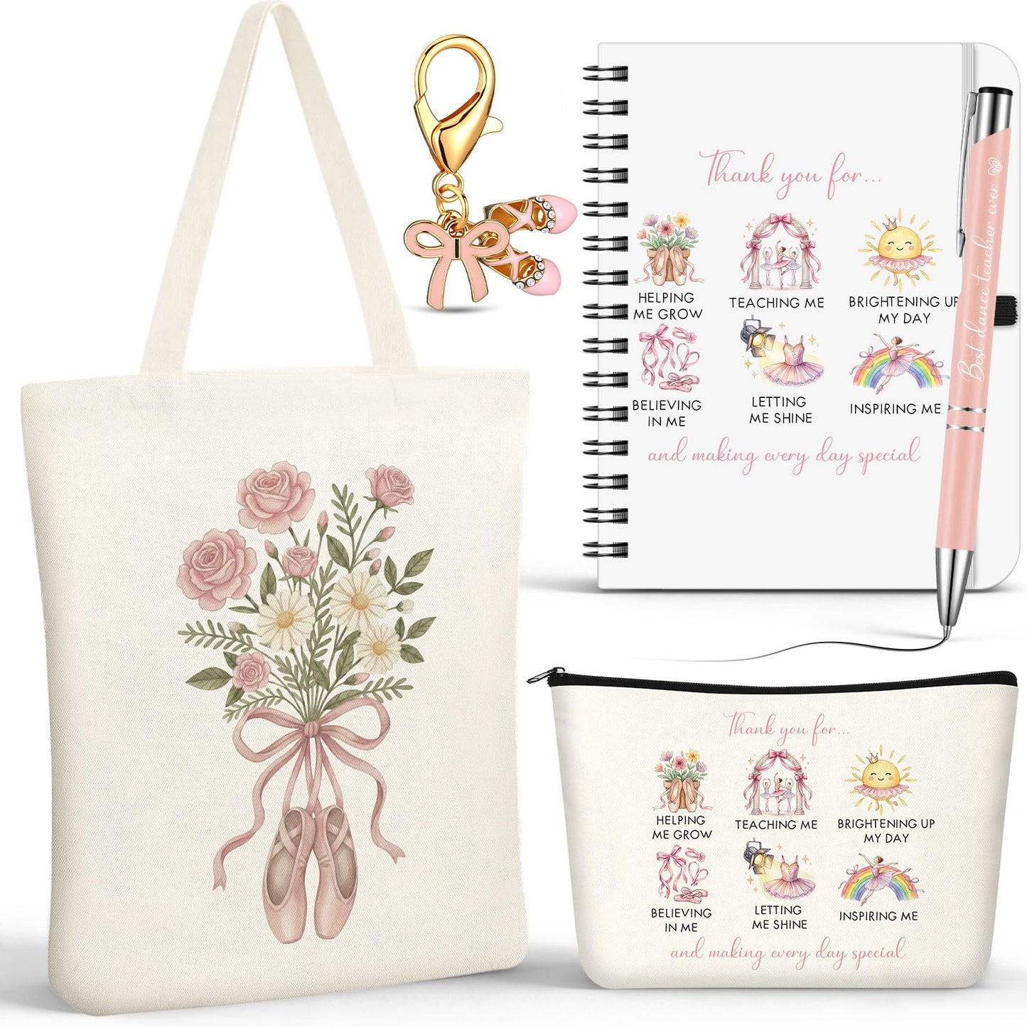Kosiz 5 Pcs Dance Teacher Gifts for Women, Cosmetic Bag, Canvas Bag, Coil Notebook, Ballpoint Pen and Keychain Inspirational Gift for Office School Graduation Teacher Coworker Christmas(B)
