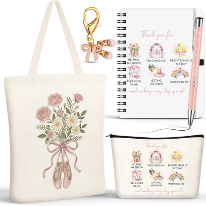 Kosiz 5 Pcs Dance Teacher Gifts for Women, Cosmetic Bag, Canvas Bag, Coil Notebook, Ballpoint Pen and Keychain Inspirational Gift for Office School Graduation Teacher Coworker Christmas(B)