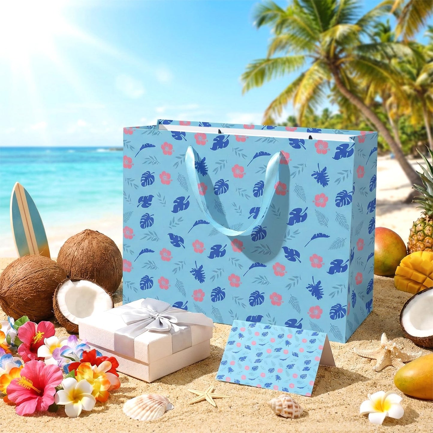Wayyogh Hawaiian Gift Bag Cute Cartoon Blue Pink Hibiscus Party Gift Bags with Wrapping Tissue Paper and Greeting Card Hawaiian Wrapping Paper for Birthday Baby Shower Holiday Party Supplies