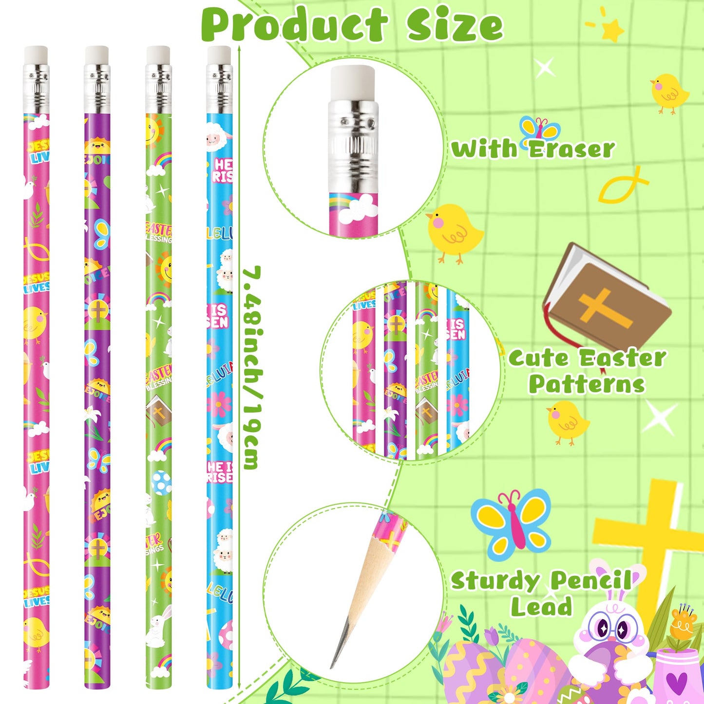 Xqumoi 60Pcs Easter Religious Pencils with Eraser - He is Risen Christian #2 HB Pencils, Sunday School Classroom Student Rewards Office Supply Holiday Gift Goodie Bag Fillers Stuffers Party Favors