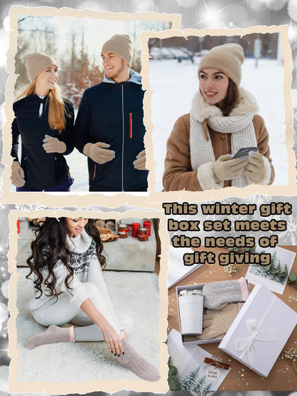 Teenyyou 5 Pcs Winter Gift Set for Woman Hat Gloves Fuzzy Crew Socks 12 oz Coffee Mug Gift Box with Lids Birthday Women Gift