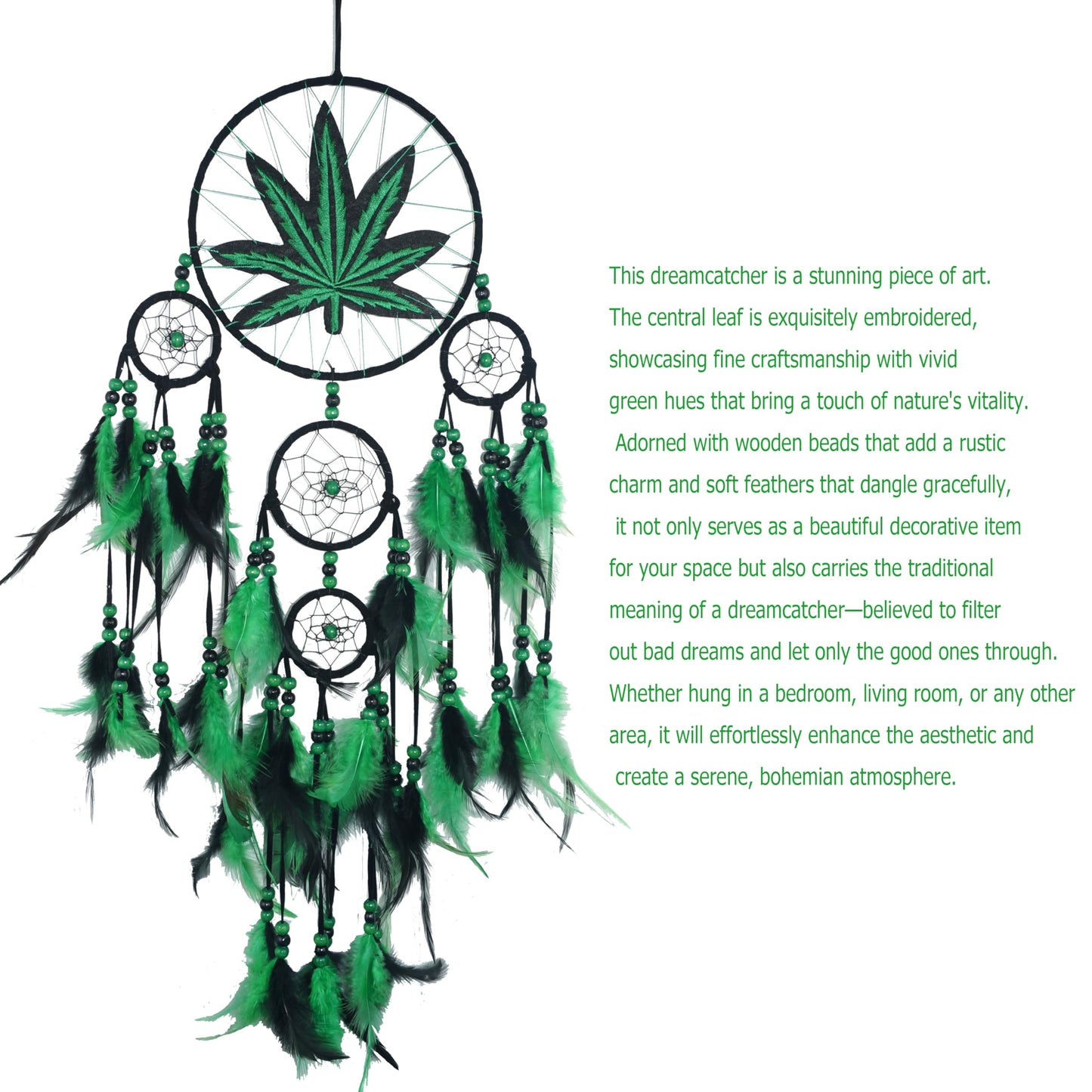Green Leaf Weed Dream Catcher Wall Hanging Decor Bedroom Adult Living Room Home Bohemian Decorations (5 Rings)