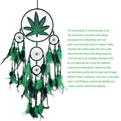 Green Leaf Weed Dream Catcher Wall Hanging Decor Bedroom Adult Living Room Home Bohemian Decorations (5 Rings)