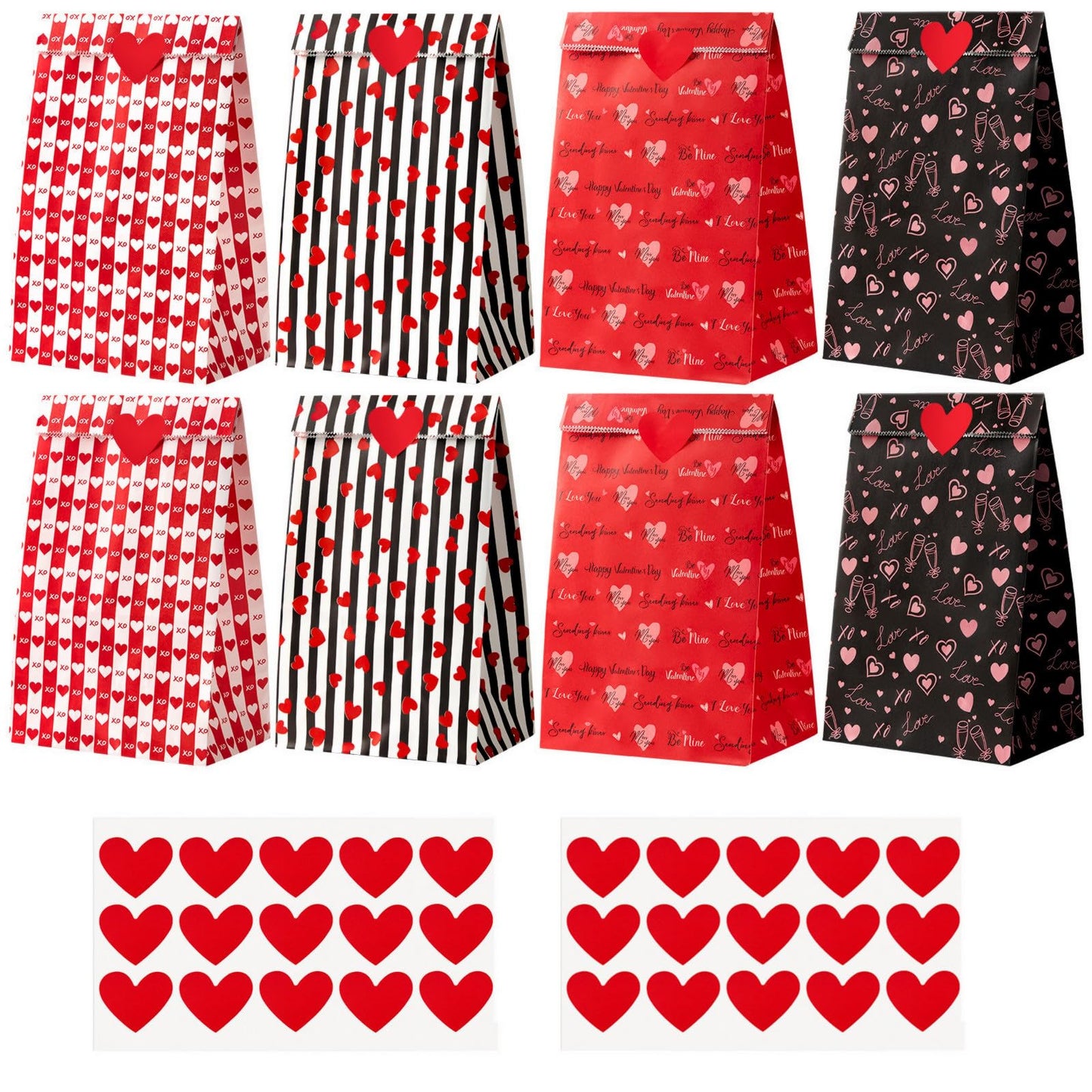 Jutieuo 24 PCS Valentine's Day Gift Bags with Heart Labels, Cute Black Red Valentine Paper Treat Bags Goodie Bag for Valentines Party Favors