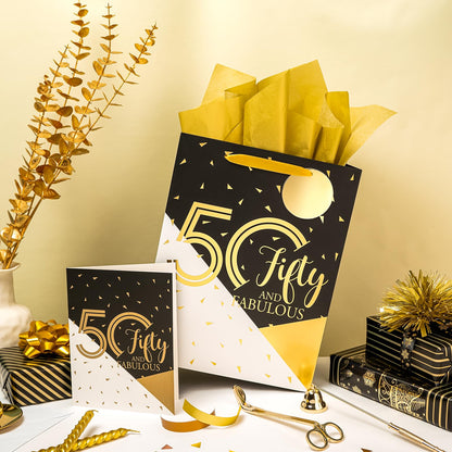 WRAPAHOLIC 13" Large 50th Birthday Gift Bag with Card and Tissue Paper - 50 Fifty and Fabulous