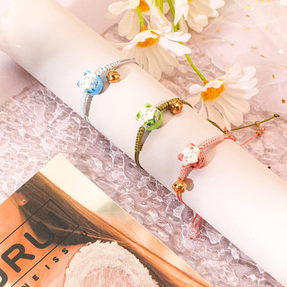 Sureio 3 Pieces Cat Maneki Neko Bracelet Cute Lucky Cat Ceramic Beads Bracelet Lucky Japanese Fortune String Hand Chain with Bell, Adjustable
