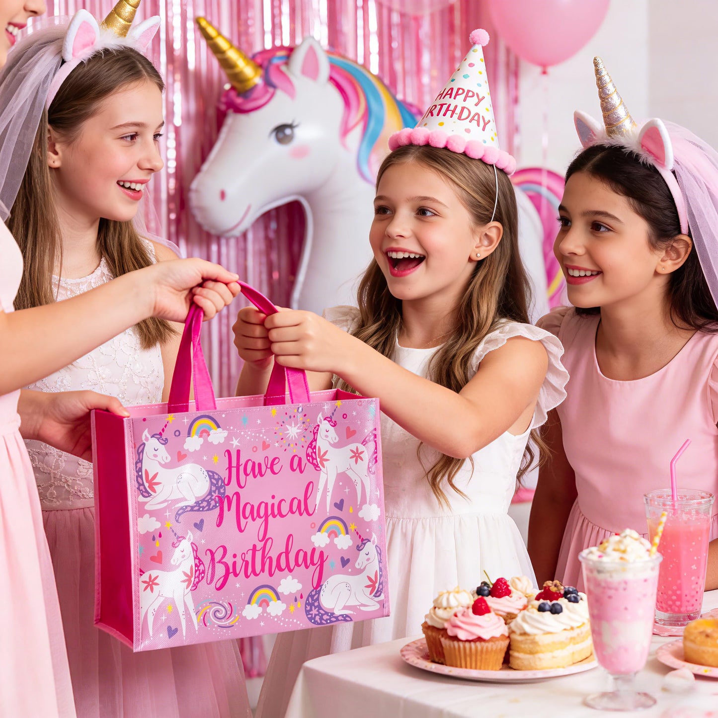 WRAPAHOLIC Large Reusable Magical Unicorn Birthday Gift Bag with Handles - 10 x 5 x 13 inch - Pink Magical Bday Gift Bags for Girls Birthday, Baby Girl Shower and Shopping