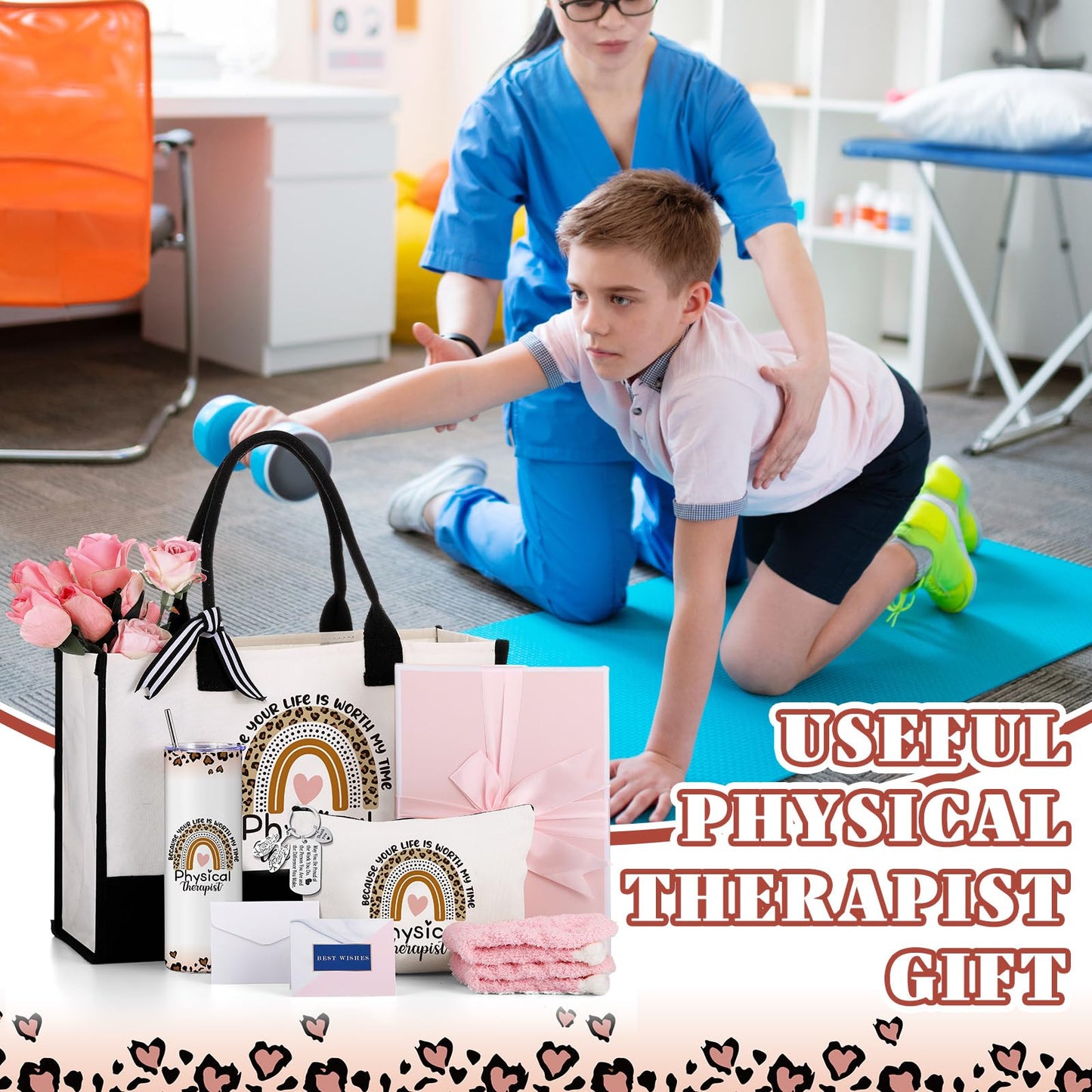 Geiserailie 8 Pcs Physical Therapist Appreciation Gifts for Women Including Large Tote Bag Cosmetic Bags Tumbler Cup Plush Socks Metal Keychain Card and Envelope for PT Doctor Student Gifts