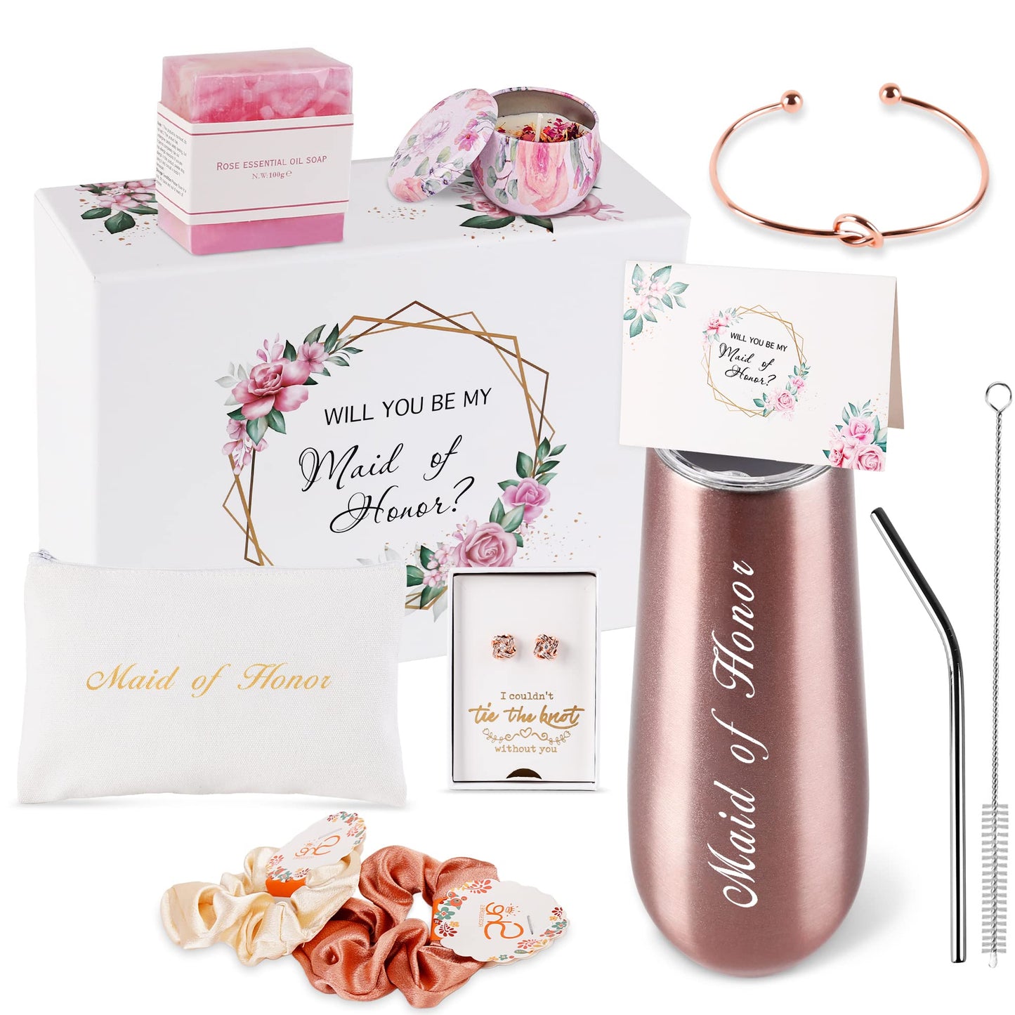 DHQH Maid of Honor Proposal Gift Box - Rose Gold Stemless Stainless Steel Champagne Glasses，Will You Be My Maid of Honor