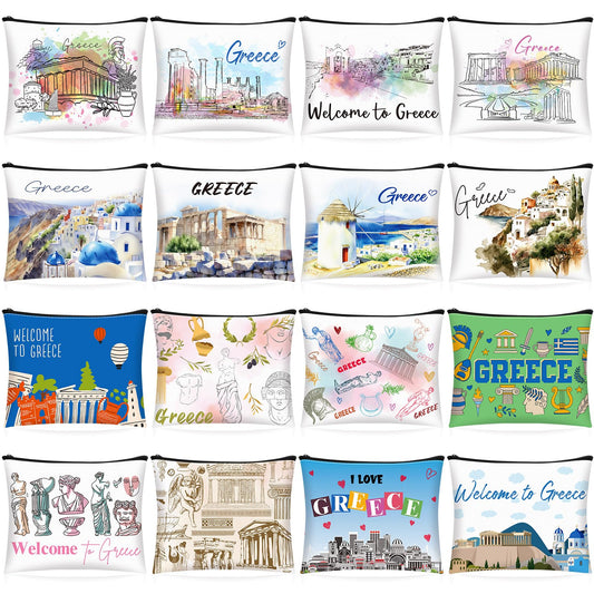 16 Pcs Cosmetic Bag Souvenir Gifts Makeup Bag Travel Vacation Zipper Pouch Purse for Women Birthday Trip Gifts Party Favors(Greece)