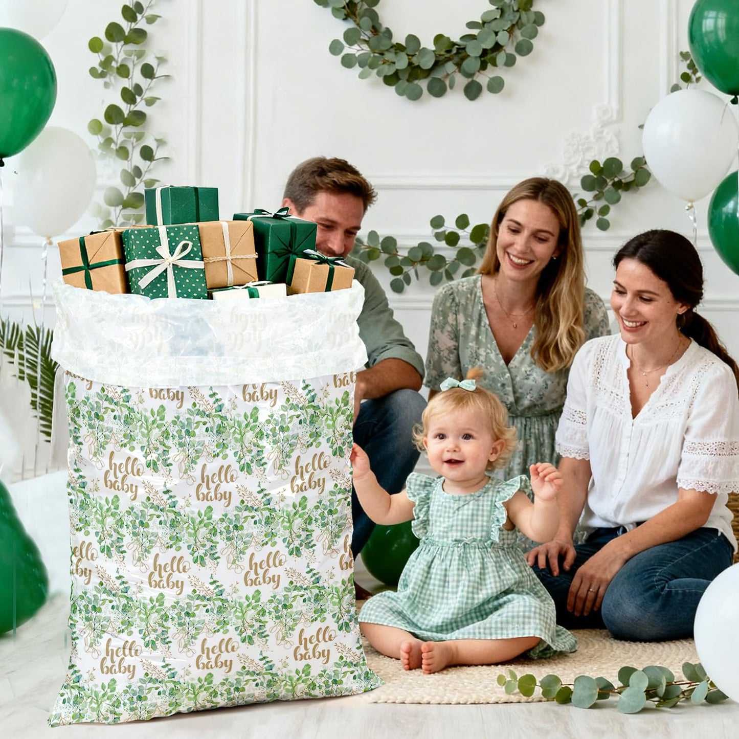 WRAPAHOLIC 56" Extra Large Neutral Baby Plastic Gift Bag - Eucalyptus Leaves Jumbo Bike Bag Gift Wrap for Baby Shower Favors Holiday - 56" H x 36" W