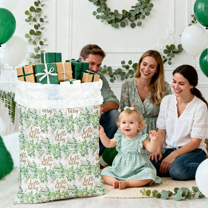 WRAPAHOLIC 56" Extra Large Neutral Baby Plastic Gift Bag - Eucalyptus Leaves Jumbo Bike Bag Gift Wrap for Baby Shower Favors Holiday - 56" H x 36" W