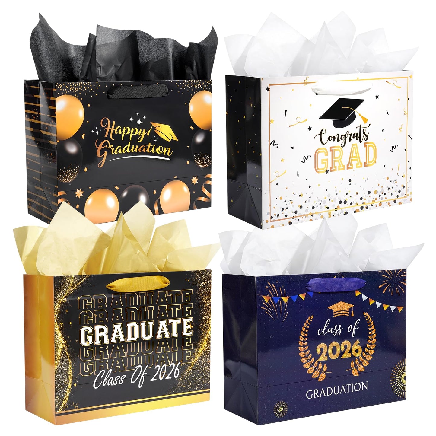 Nihuecne 13" Graduation Gift Bags with Tissue Paper, 4 Pack Paper Gift Bags with Handles for College & High School Graduates Grad Party, 4 Designs
