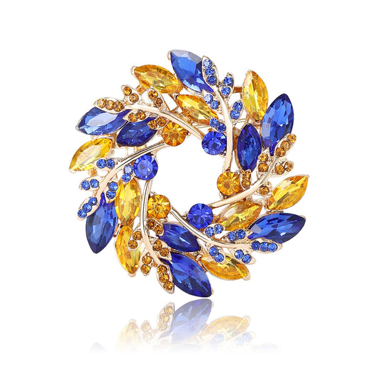 Fashionable Rhinestone Wreath Brooch for Women Ukrainian Blue and Yellow Wheat Ear Brooch Dress Suit Pin Accessories Party Banquet Gift