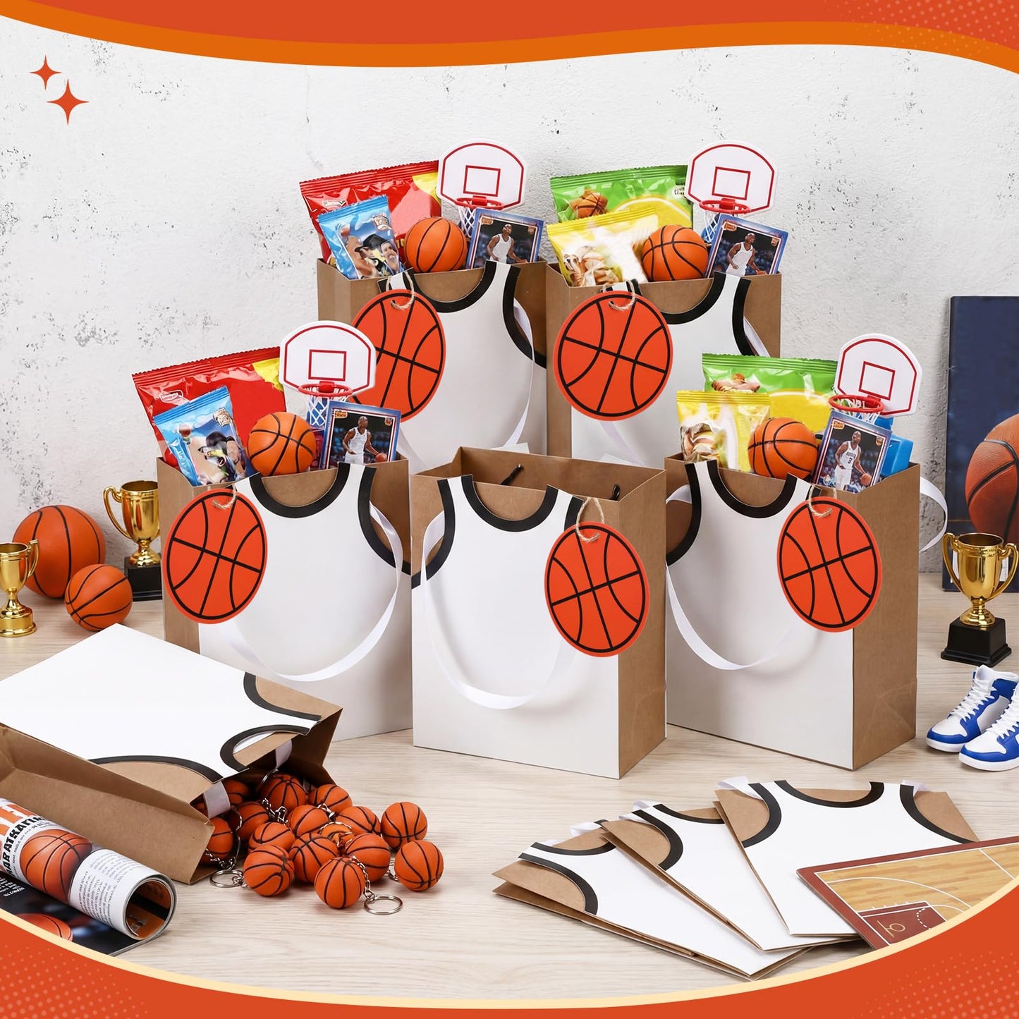 YooNotee 12 Sets Basketball Gift Bags with Handles DIY Personalized Basketball Goodie Treat Candy Snack Bags for Birthday Team Game Party Favor Supplies