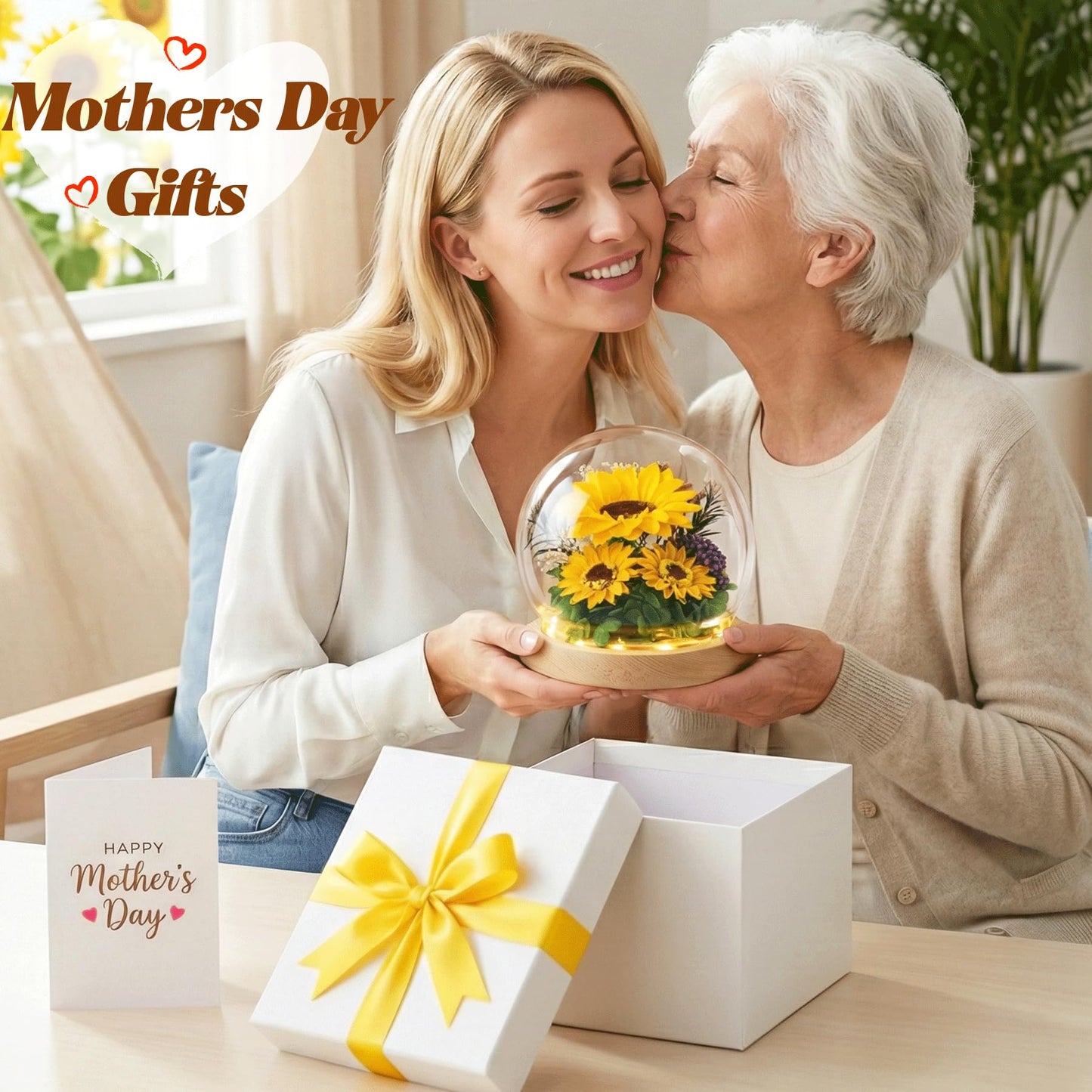 Mothers Day Sunflower Gifts for Mom Birthday Gift for Women, LED Glass Dome Preserved Eternal Flower Home Decor, for Mom Grandma Wife