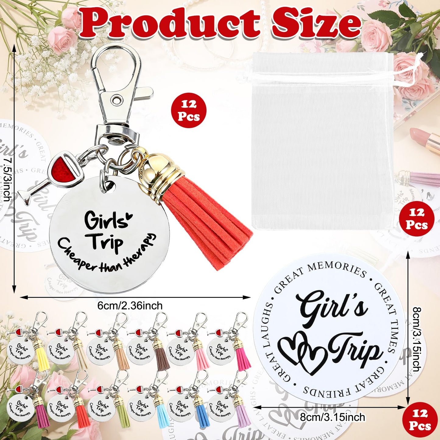 Sureio 12 Sets Girls Trip Gifts Favors Keychains Girls Weekend Favors for Women Travel Gift Key Ring Charm for Bestie Friends Sisters Friendship Cruise Vacation Bachelorette Party Supplies