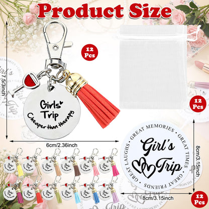 Sureio 12 Sets Girls Trip Gifts Favors Keychains Girls Weekend Favors for Women Travel Gift Key Ring Charm for Bestie Friends Sisters Friendship Cruise Vacation Bachelorette Party Supplies