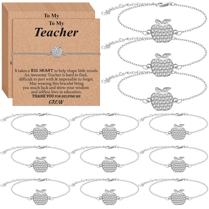 Tondiamo 12 Sets Teachers Appreciation Week Gifts Bulk Apple Bracelet for Teacher with Inspirational Cards Graduation Thank You Gifts End of The Year Party Favors