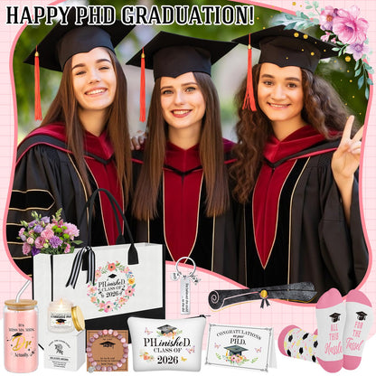 Aliceset 8 Pcs Phd Graduation Gifts for Women It's Dr Actually Gifts for Phd Doctorate Degree Class of 2026 Canvas Tote Bag Tumbler Keychain Makeup Bag Bracelet Greeting Card Scented Candle Socks