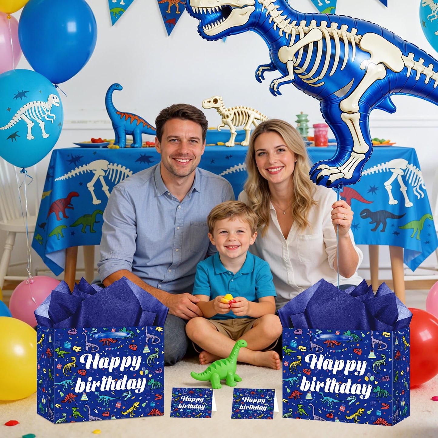 LUUFILx Dinosaur Happy Birthday Gift Bag for Boys Girls Dinosaur Wrapping Paper with Tissue Paper Greeting Card Blue Dinosaur Design Wrap Bag for Bday Baby Shower Party Decoration Supplies