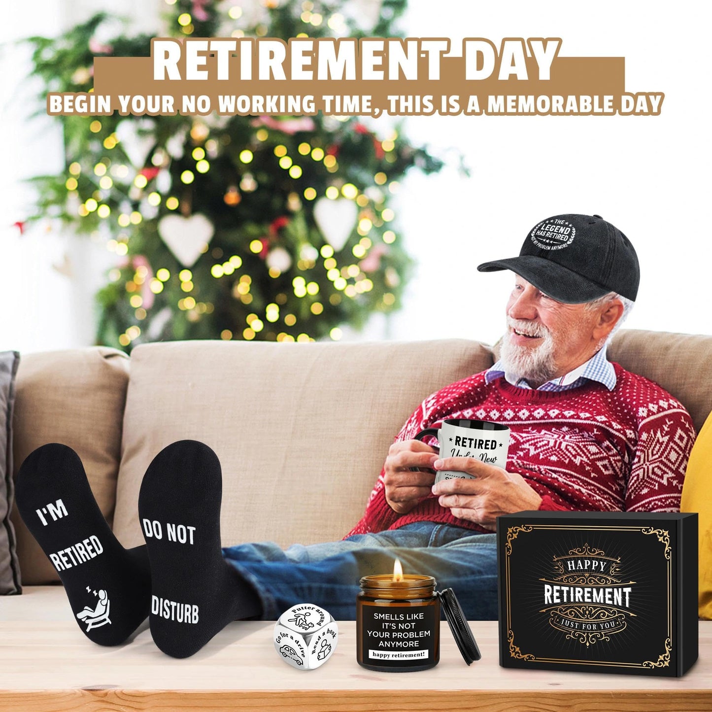 Launrada Retirement Gifts for Men 2026 Retired Gifts for Men Happy Retirement Decorations for Man The Legend has Retired Gift Ideas for Man Includes Mug Hat Candle Socks Dice