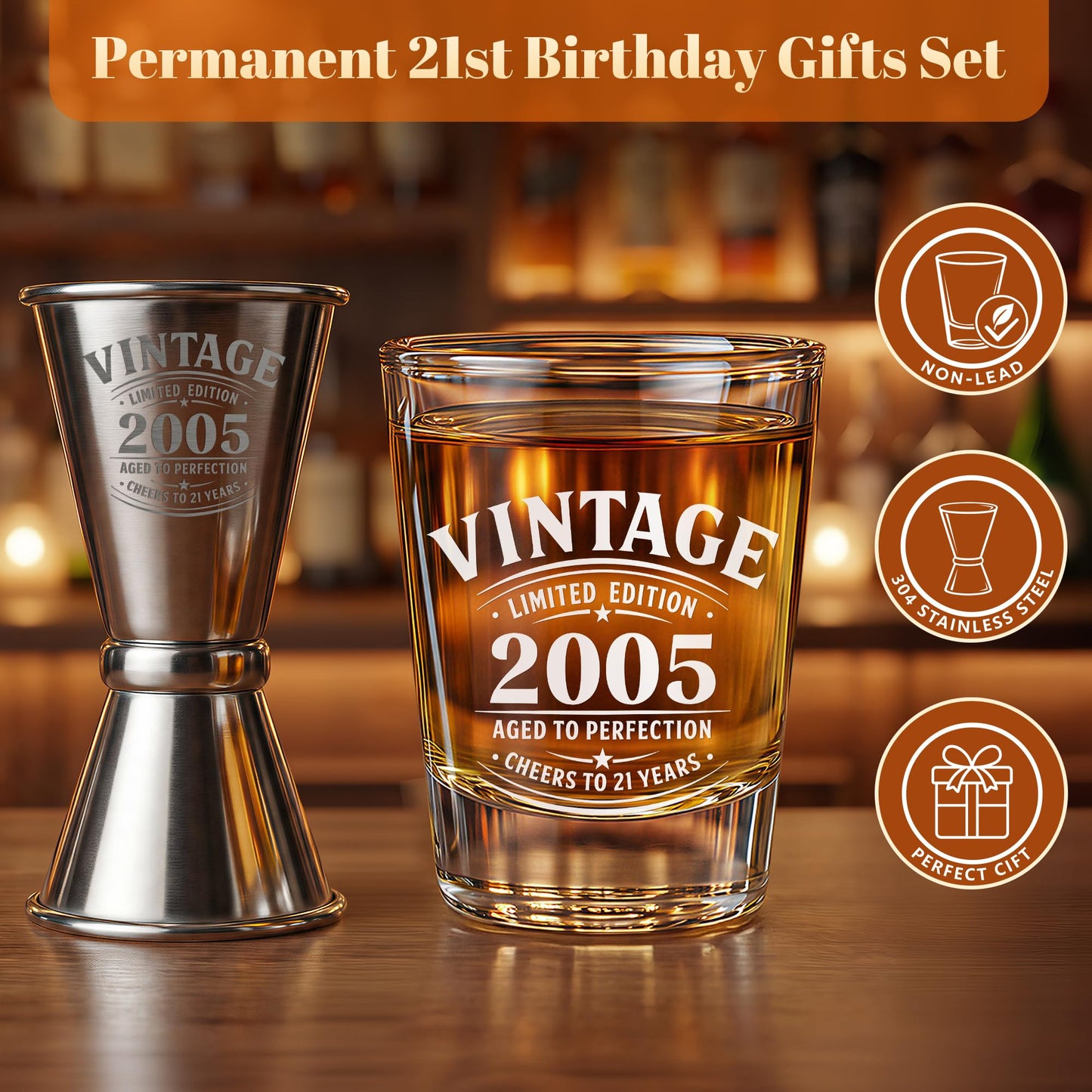 LIGHTEN LIFE 21st Birthday Gifts for Him,2005 Shot Glasses with Valued Wooden Box,21st Birthday Shot Glass Set,21 Years Old Birthday Gift Ideas,21st Birthday Decorations for Men Son Boy Brother Friend