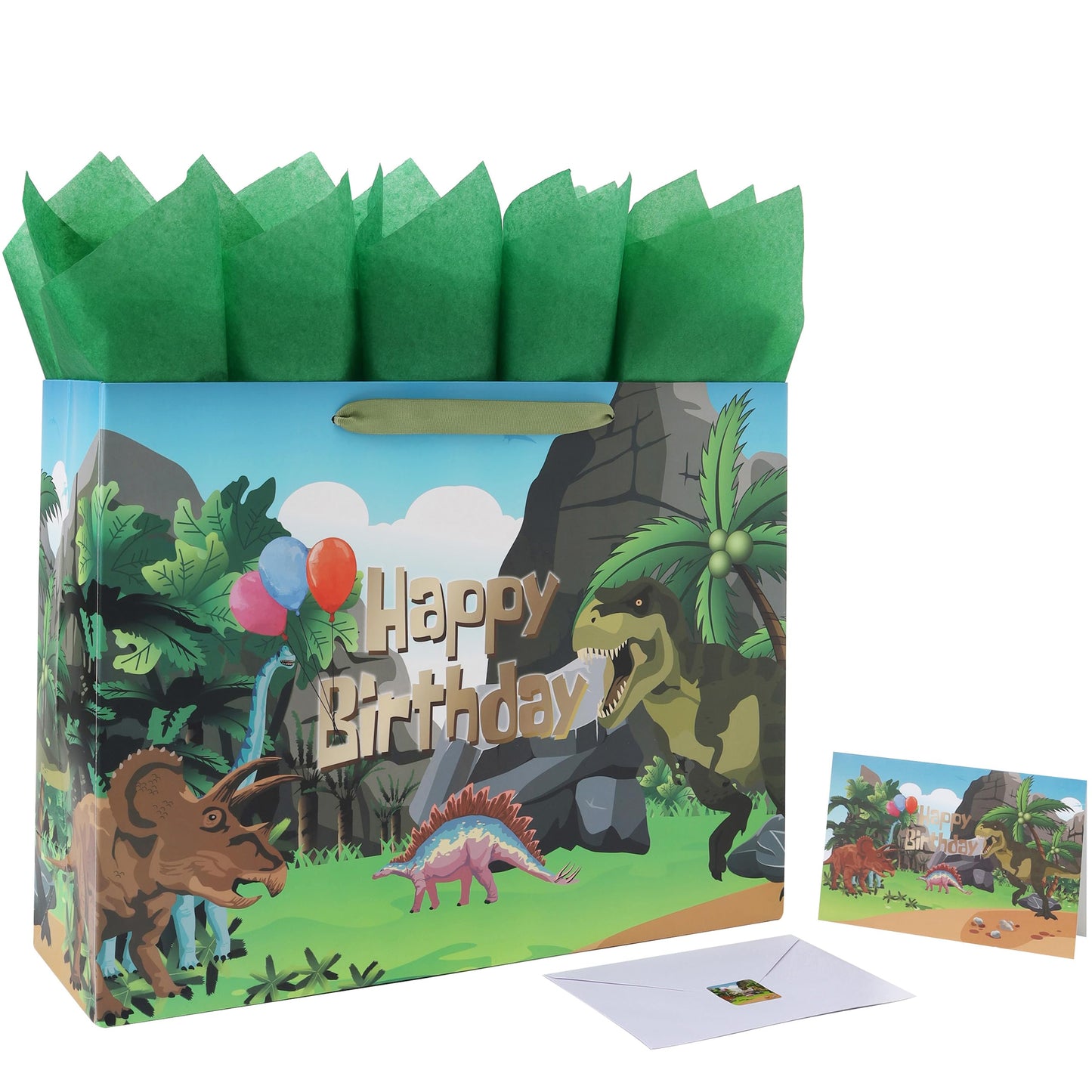 16.5'' Extra Large Dinosaur Birthday Gift Bag Set with Handles, Greeting Card, Black Tissue Papers and Stickers for Boys Kids Teens, Dinosaur Design, 1 Pcs