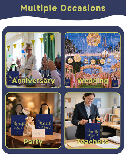 12 Navy Blue Thank You Gift Bags - Sturdy, Reusable, Medium 8x5x10 with Handles, Non-Woven for Weddings, Teachers, Father's Day, Parties, Birthdays & Graduations