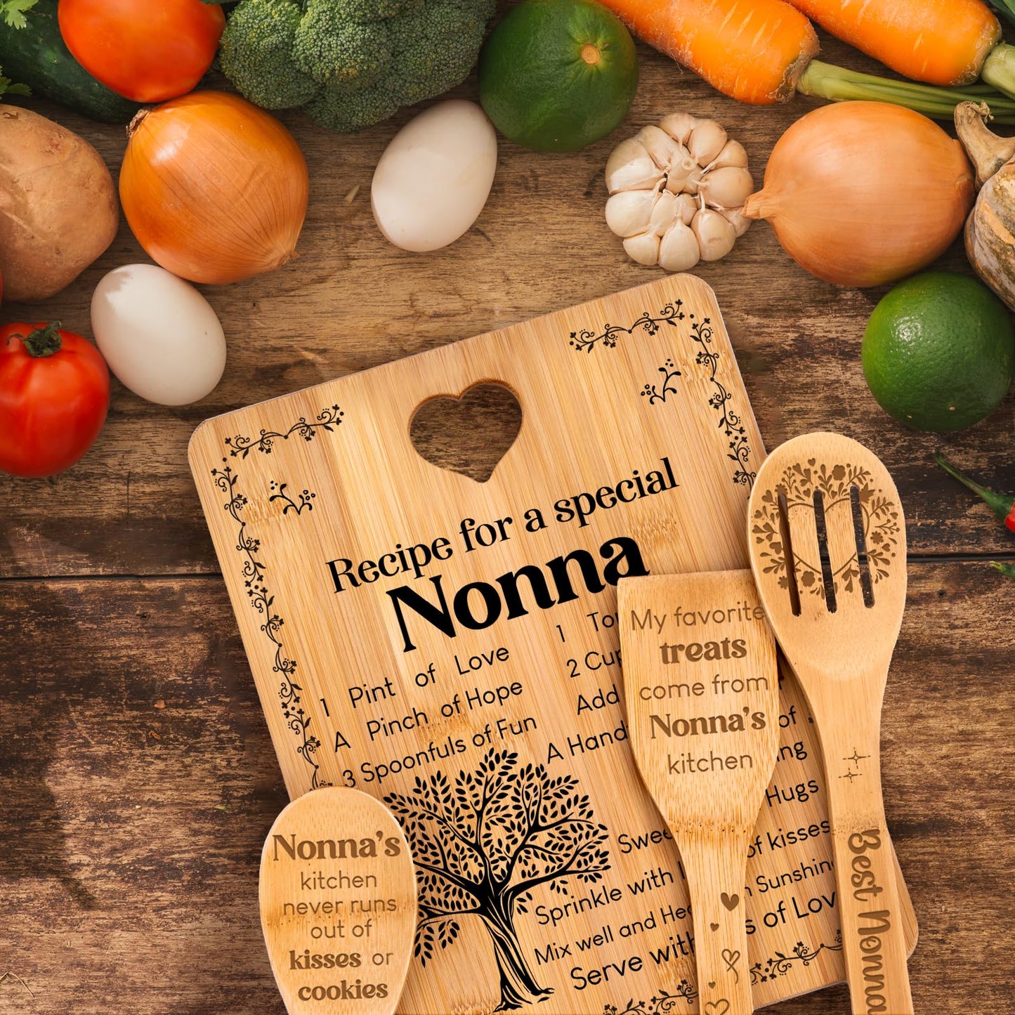 Nonna Gifts - "Recipe for a Special Nonna" Gifts for Nonna Cutting Board Set, Bamboo-Made Engraved Utensil Set Nonna Gifts for Grandma Cutting Board, Mothers Day Gifts for Nonna.