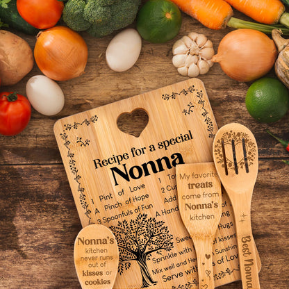 Nonna Gifts - "Recipe for a Special Nonna" Gifts for Nonna Cutting Board Set, Bamboo-Made Engraved Utensil Set Nonna Gifts for Grandma Cutting Board, Mothers Day Gifts for Nonna.