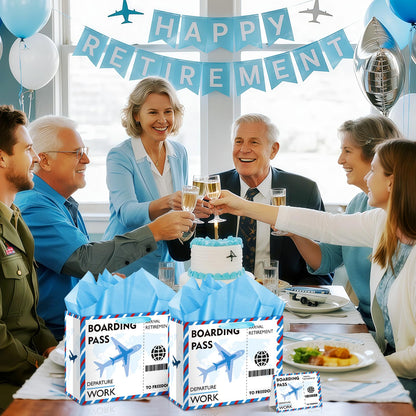 Funny Retirement Gift Bag Large Blue Retirement Gift Wrapping Paper Bag with Tissue Paper Greeting Card Going Away Party Favors Bag for Men Women Office Coworker Farewell Party Supplies Decorations