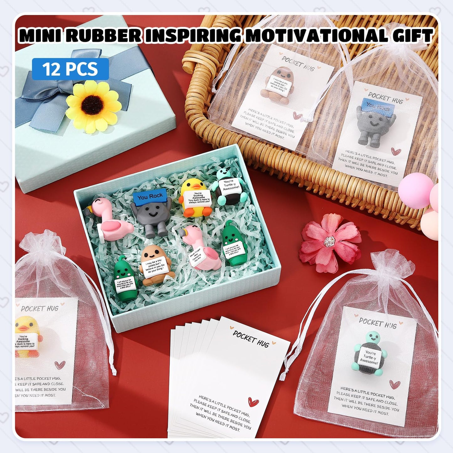 Gejoy 12 Pcs Pocket Hug Gift Set Tiny Rubber Figurines with Inspirational Message Organza Bags Glue Points Motivational Positive Gifts for Graduation Family Friends Colleagues Teachers(Classic)