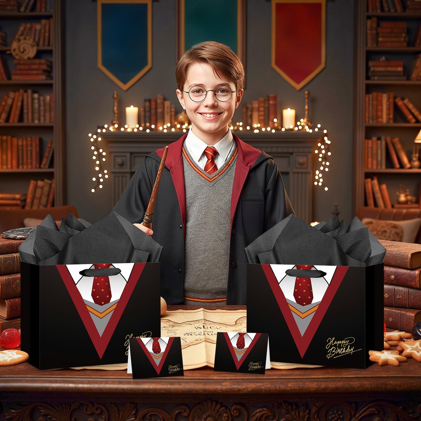 Large Wizard School Gift Bag with Wrapping Paper and Card Magical Wizard Birthday Bag with Handles Tie Necktie Birthday Baby Shower Paper Bags for Girls Boys Halloween Party Supplies Decorations