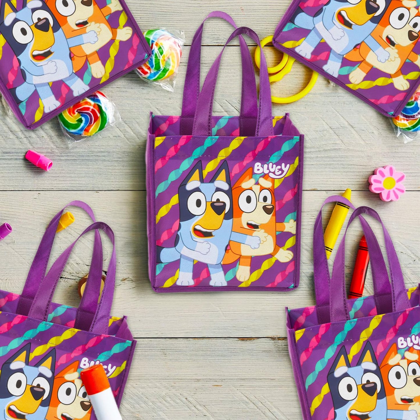 Bluey Party Favor Bag Set - 12 Reusable Totes, Stickers and More | Bluey Birthday Party Supplies for Kids