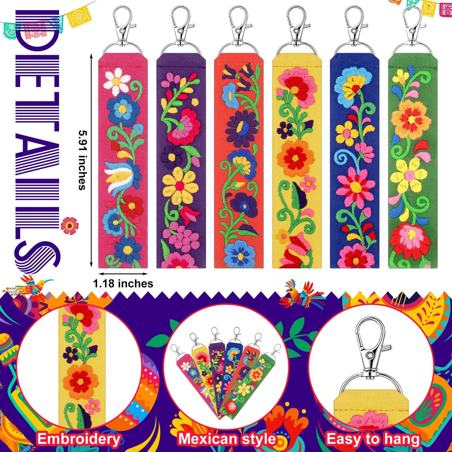 Kigeli 12 Pcs Mexican Floral Embroidery Keychain Set, Vibrant Color Polyester Fabric Keychain & Zipper Pull, Mexican Gift for Women Men, Day of The Dead, Purse Backpack Car Keys