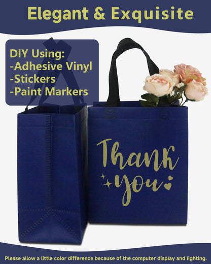 12 Navy Blue Thank You Gift Bags - Sturdy, Reusable, Medium 8x5x10 with Handles, Non-Woven for Weddings, Teachers, Father's Day, Parties, Birthdays & Graduations